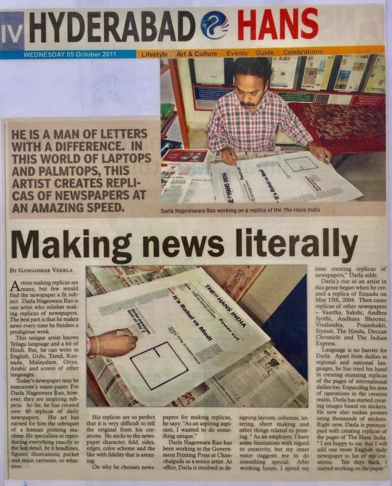 Dr. Darla Nageswara Rao at work on a newspaper replica
