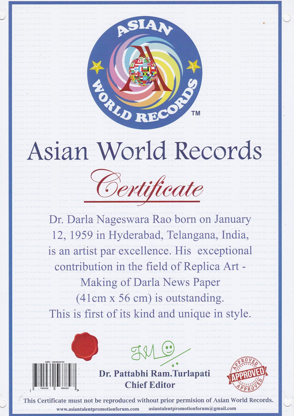 Original Artist Newspaper DARLA certificate — photo 1