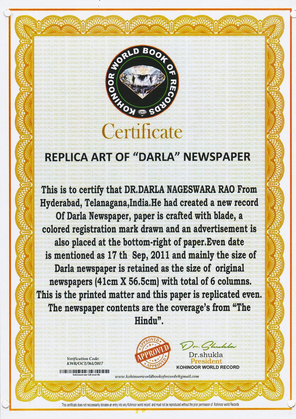 Original Artist Newspaper DARLA certificate — photo 11
