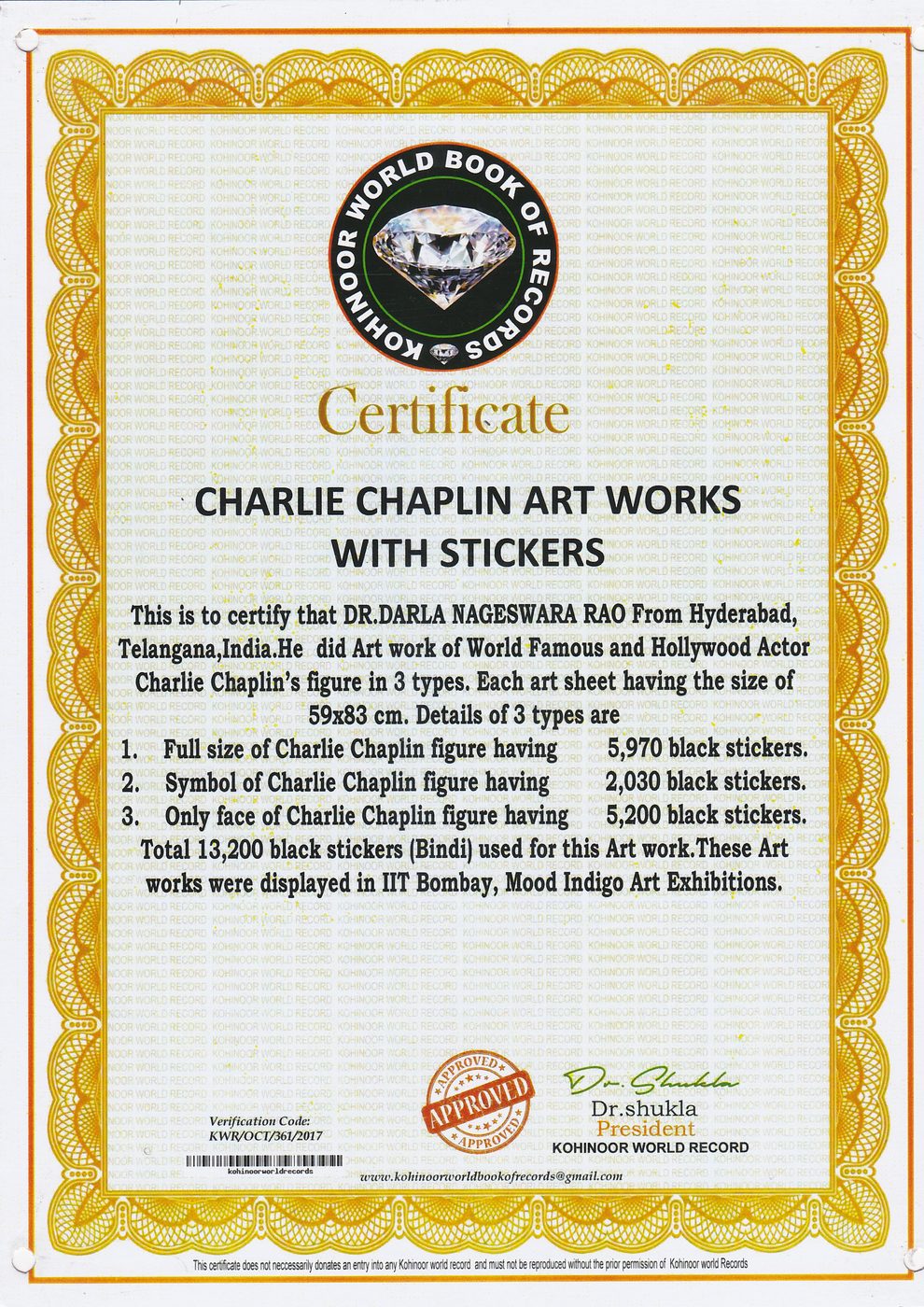 Charlie Chaplin Bindis certificate — photo 11