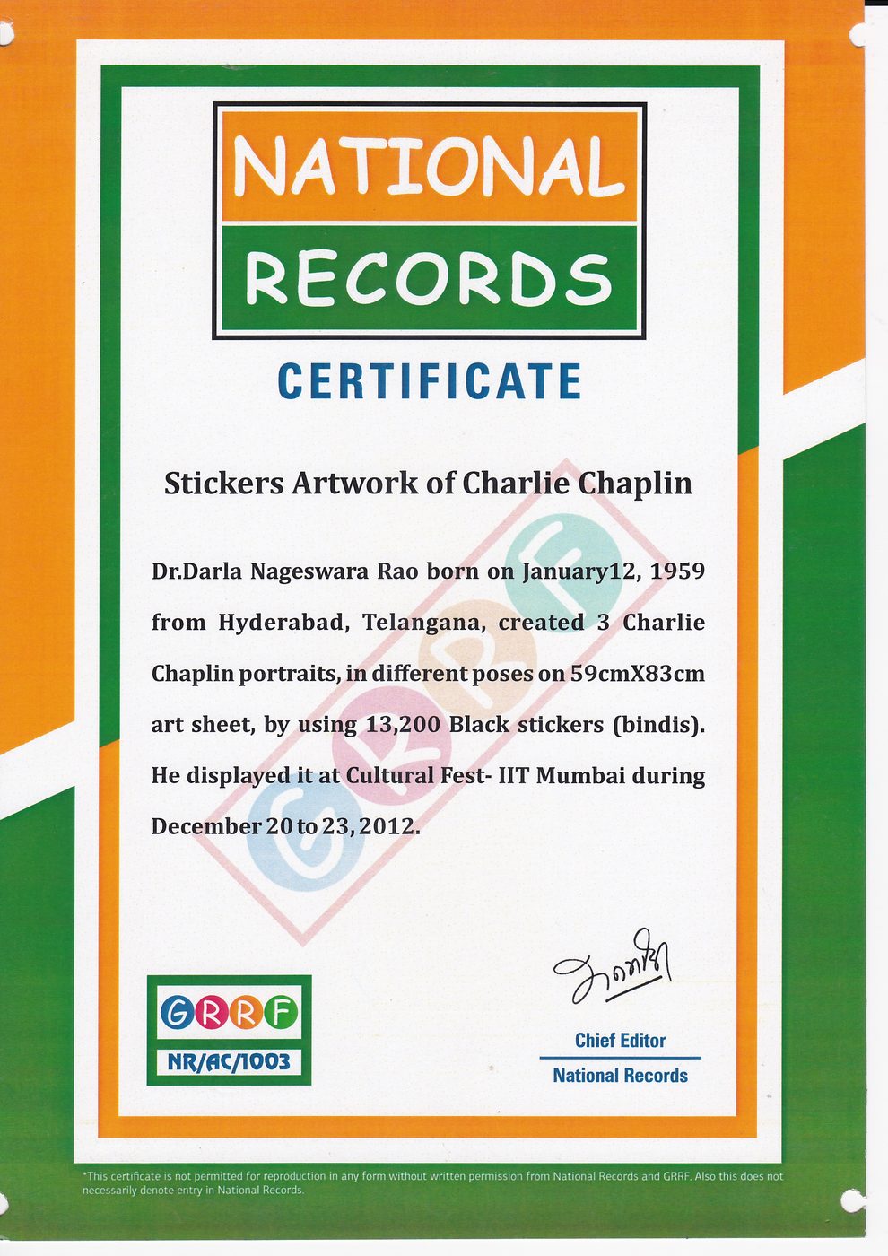 Charlie Chaplin Bindis certificate — photo 13